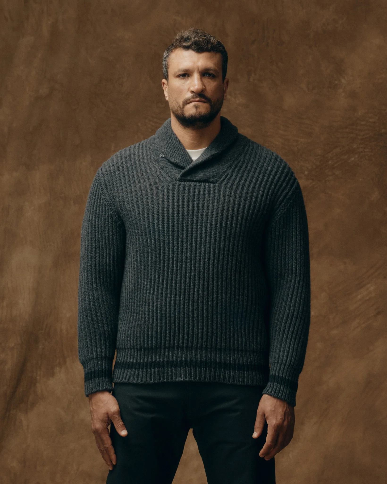 Bristol Shawl Neck Sweater  - Gray Heather / Dark Charcoal Stripe
