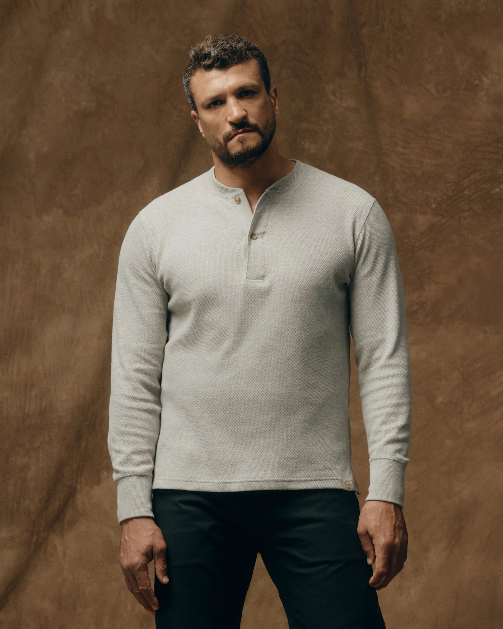 Waffle Knit Henley - Light Heather Gray