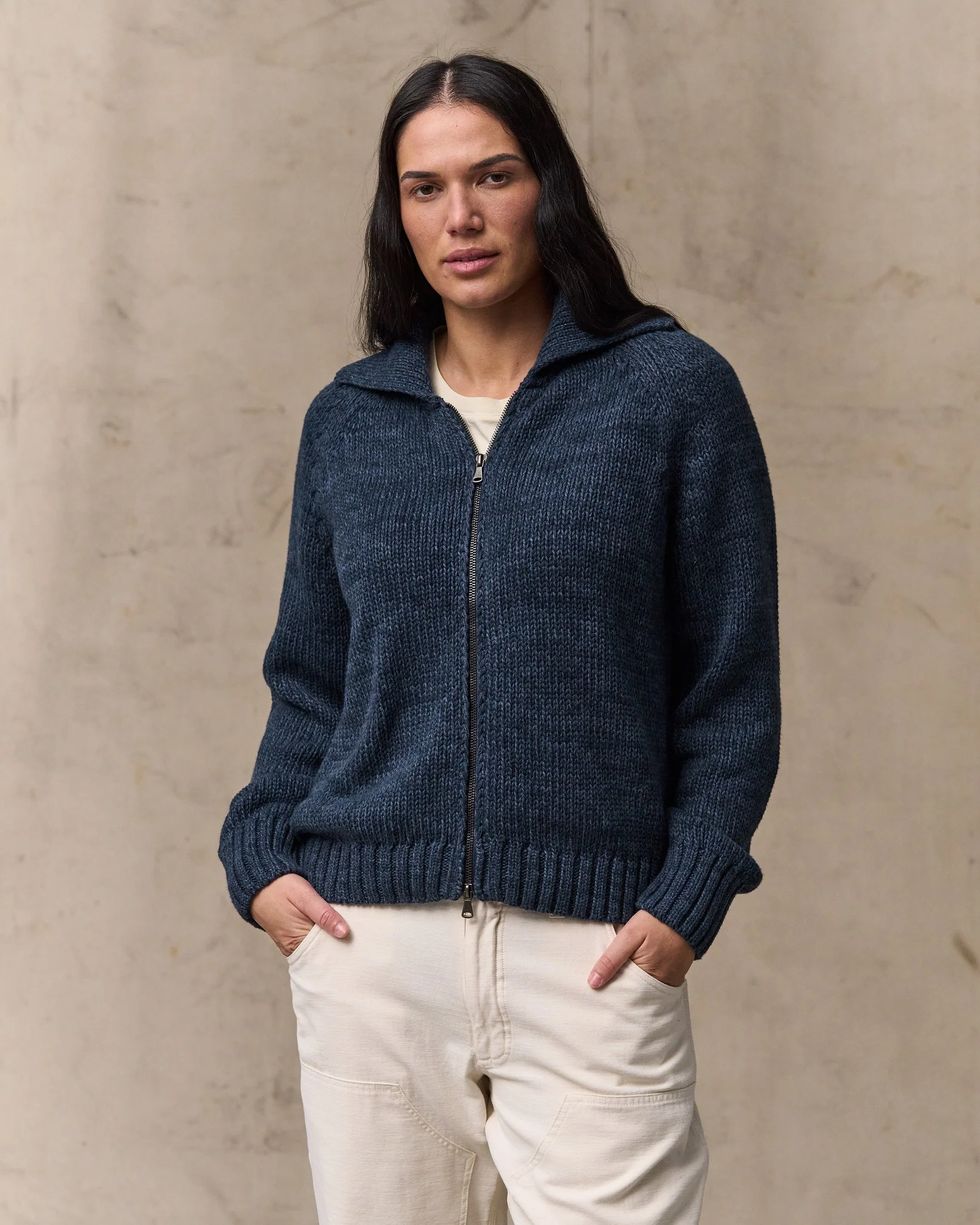 Women's Cotton Full-zip Cardigan - Navy / Marl