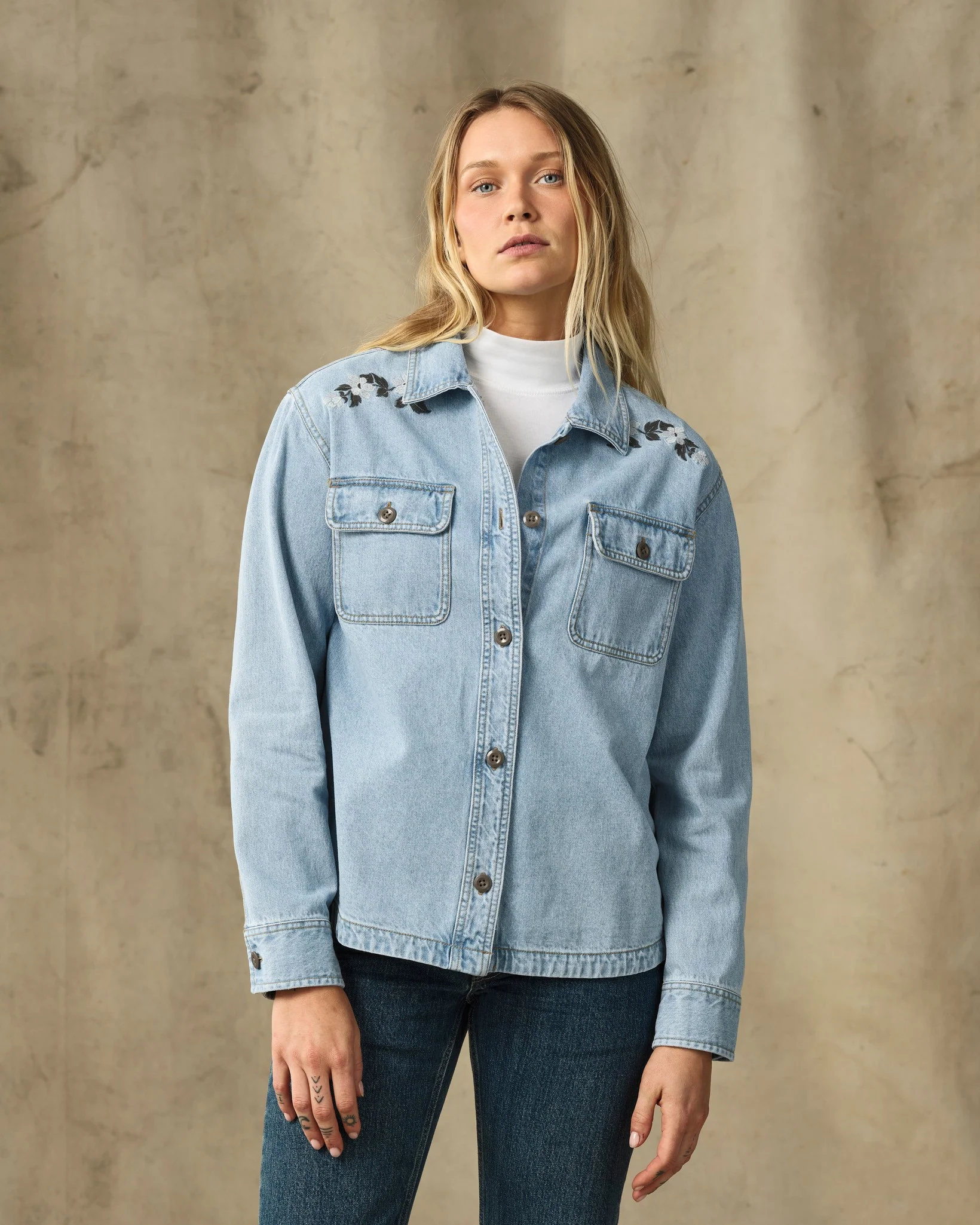 Women's Embroidered Denim Shirt - Pale Indigo
