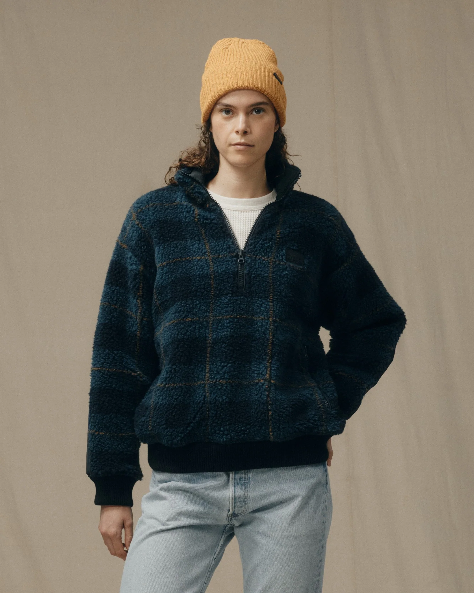 Women's Pile Fleece Popover - Blue / Black Plaid