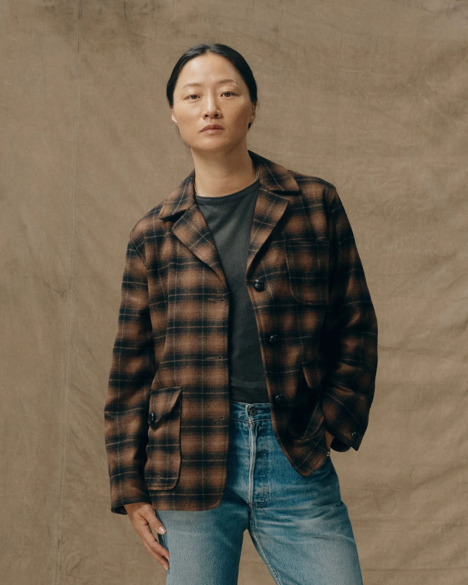 Women's Unconstructed Wool Blazer - Bronze Brown Plaid