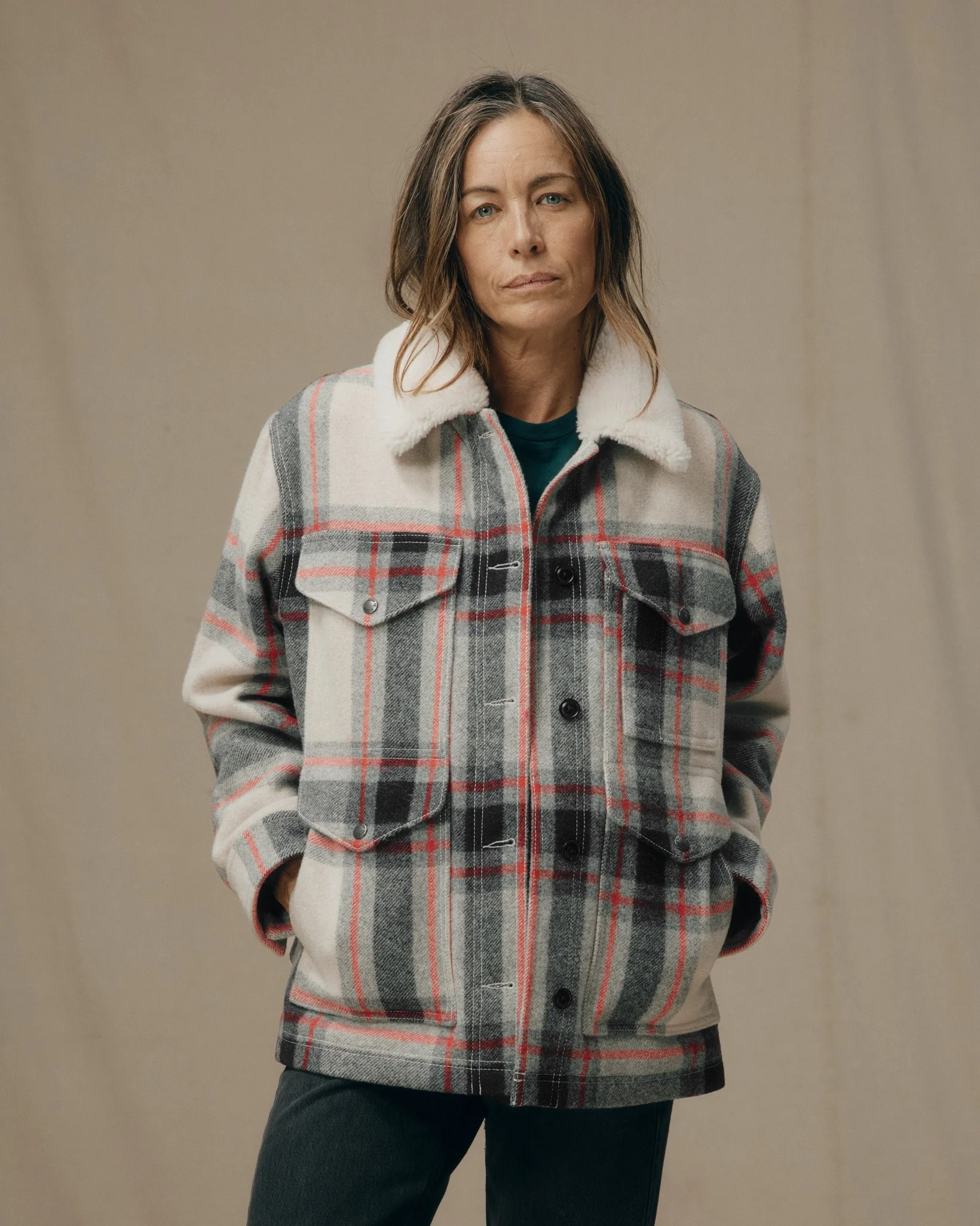 Women's Mackinaw Wool Shearling Cruiser Jacket - Cream / Red / Black Plaid