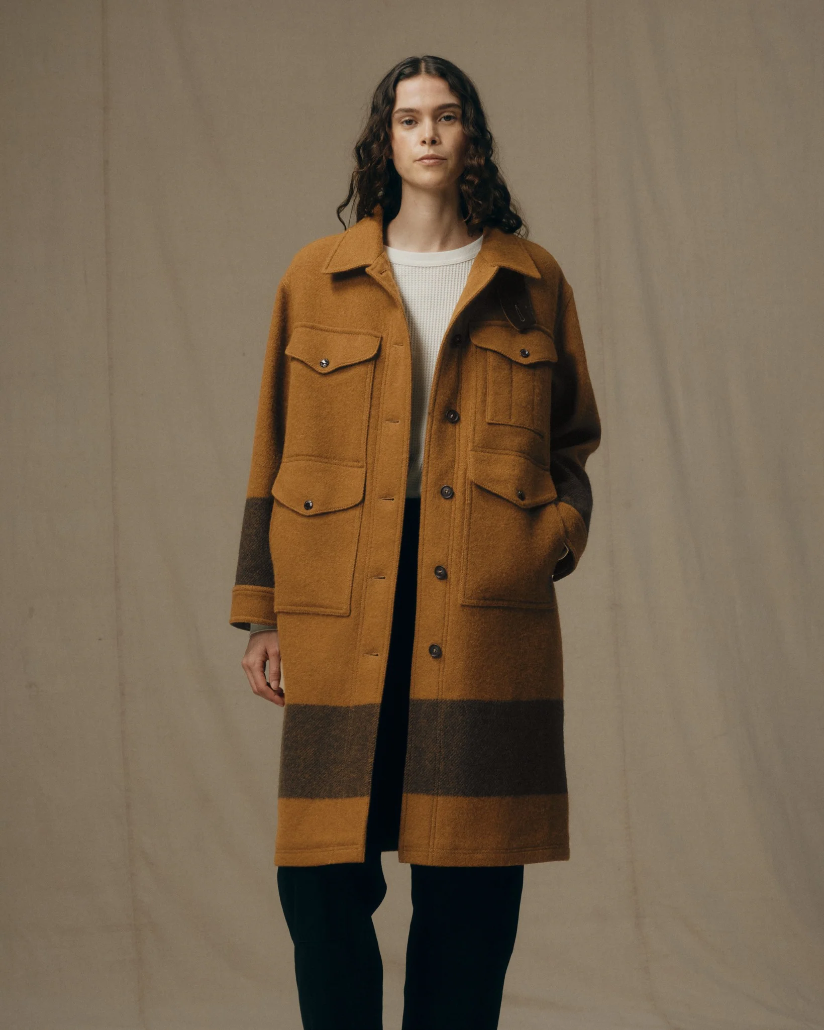 Women's Wool Long Cruiser Coat - Whiskey / Black Stripe