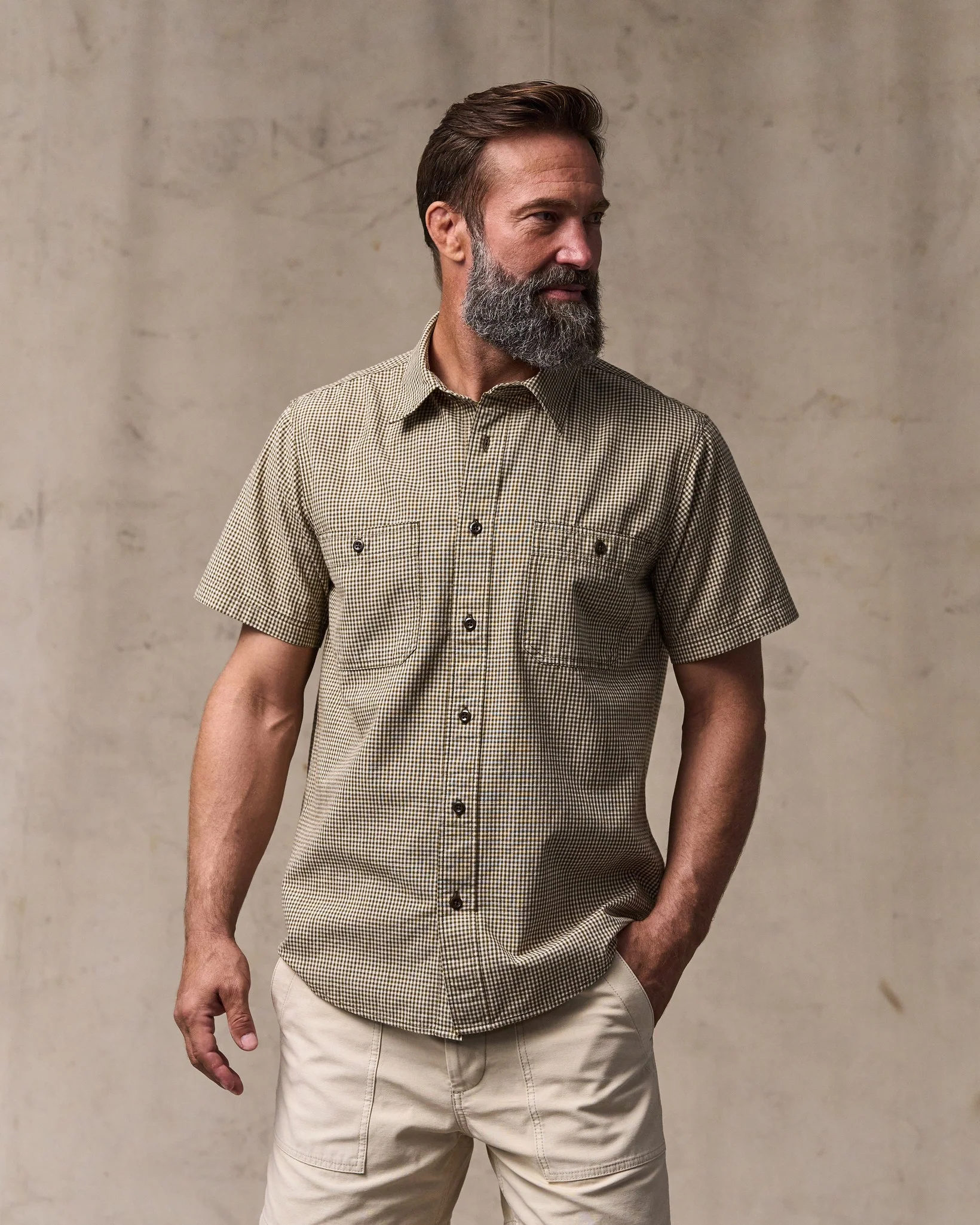Short Sleeve Chambray Shirt - Coffee / Natural Plaid